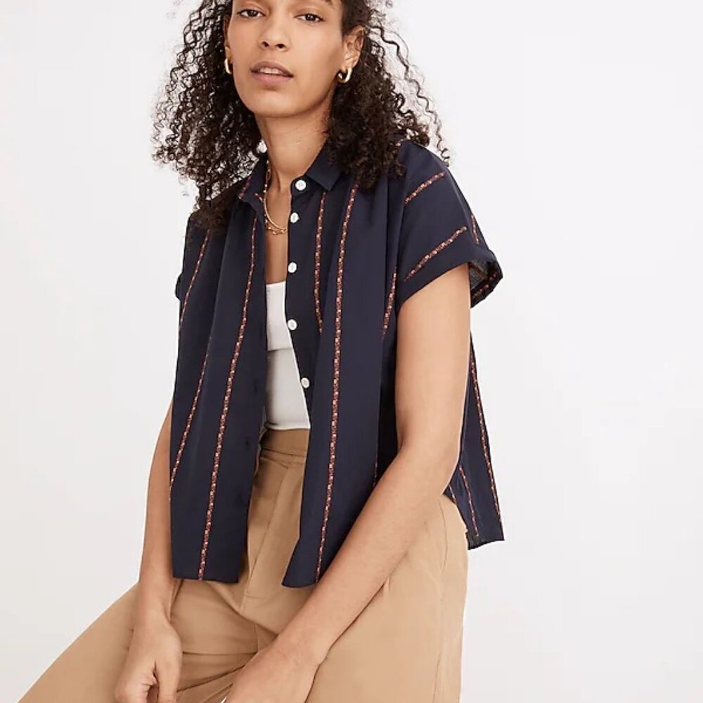 Madewell Hilltop Short Sleeve Button Down Top in Navy Blue Jacquard Stripe Sz M